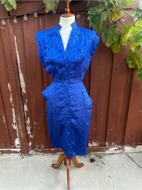 All That Jazz Royal Blue Paisley Midi Sheath vintage Dress